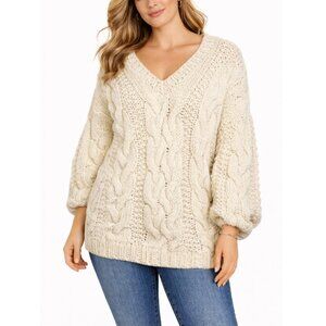 POL Women's Cream V-Neck Cable Knit Sweater Oversized Small